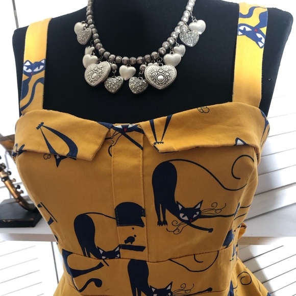 Vintage IXIA Cat Print Mini Dress Yellow Blue Small - Picture 7 of 13